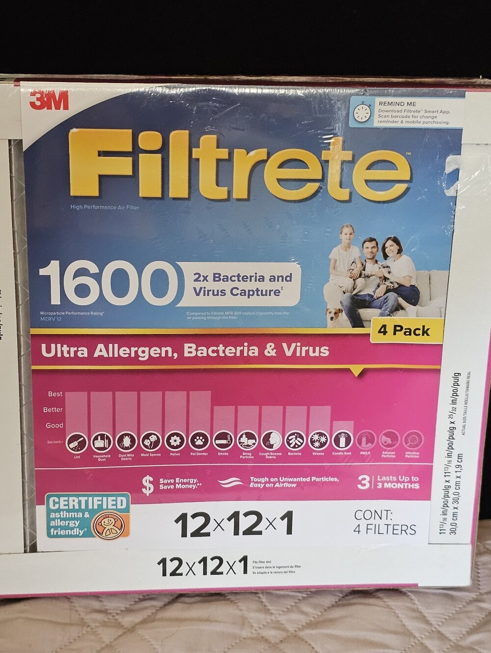 3M Filtrete 4 Pack Ultra Allergen 2X Bacteria & Virus Filter 1600 MPR 12x12x1
